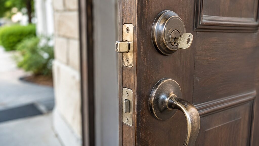 Worn door lock and handle showing common door lock problems for repair and prevention advice