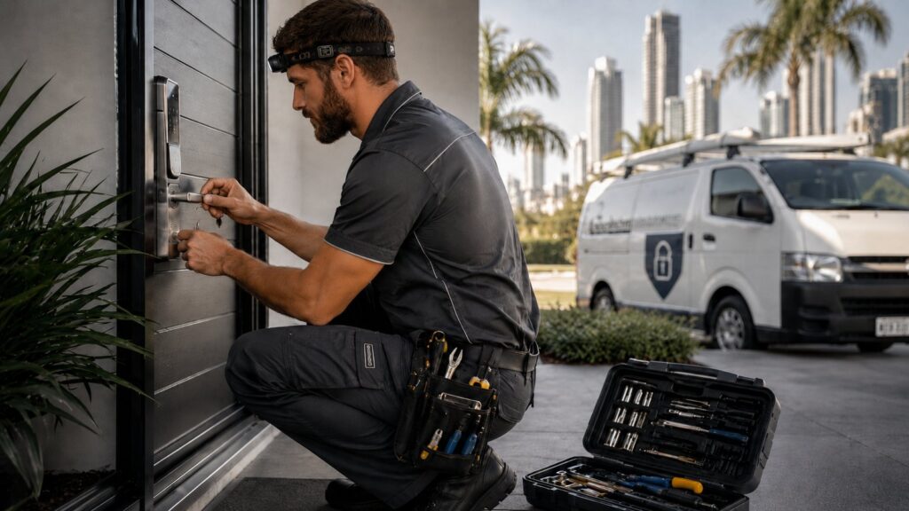 Goldy Locksmiths technician working on a residential smart lock in the Gold Coast with service van and tools nearby.