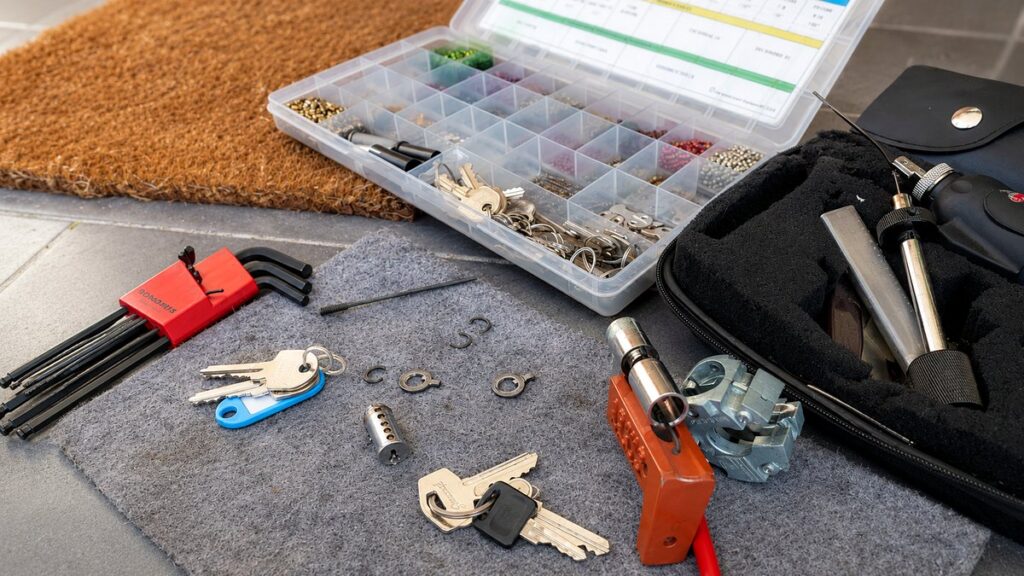 House lock rekeying tools and replacement keys for a residential property