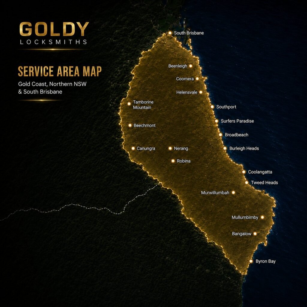 Gold Coast locksmith service area map covering the Gold Coast, Northern NSW and South Brisbane
