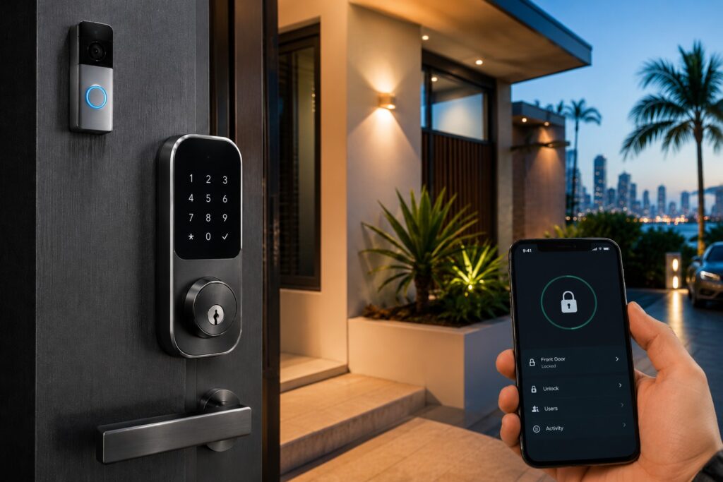 Smart lock and app-controlled home automation security on a Gold Coast home