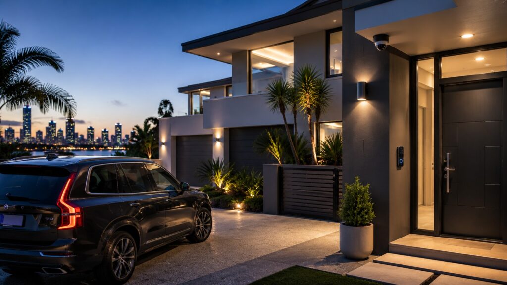 Modern Gold Coast home with smart doorbell, security camera and secure front entry