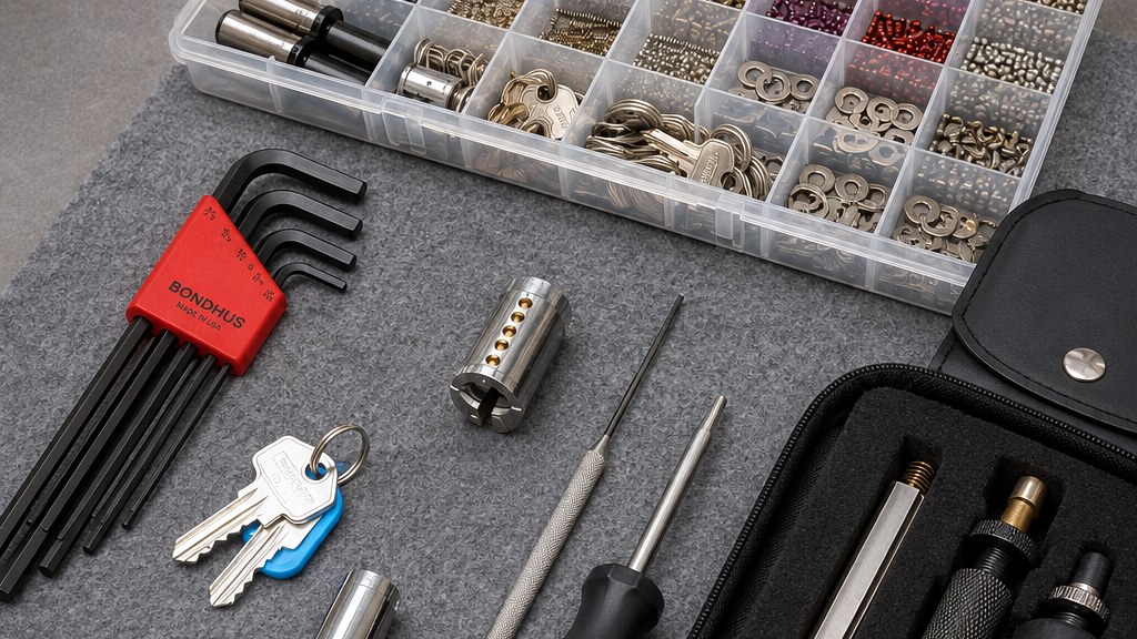 Locksmith rekeying tools, lock pins and keys arranged on a work mat for a rekeying service