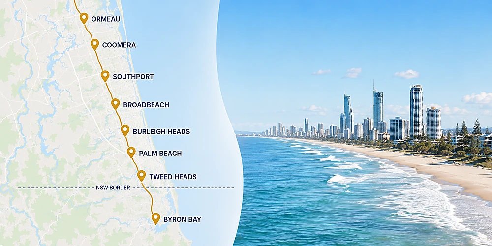 Map of Gold Coast locksmith service areas from Ormeau to Byron Bay