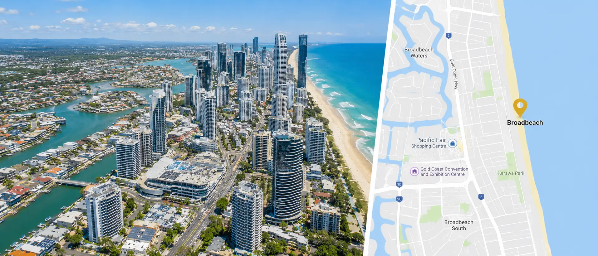 Locksmith Broadbeach service area map with Broadbeach coastline and nearby suburbs