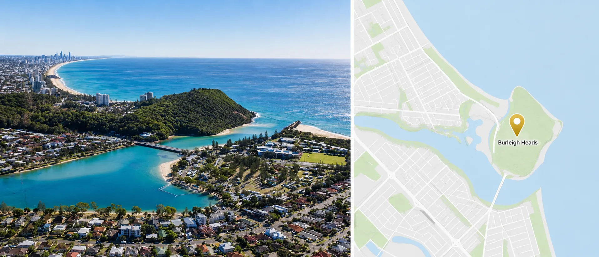 Locksmith Burleigh Heads service area map with Burleigh coastline and nearby suburbs