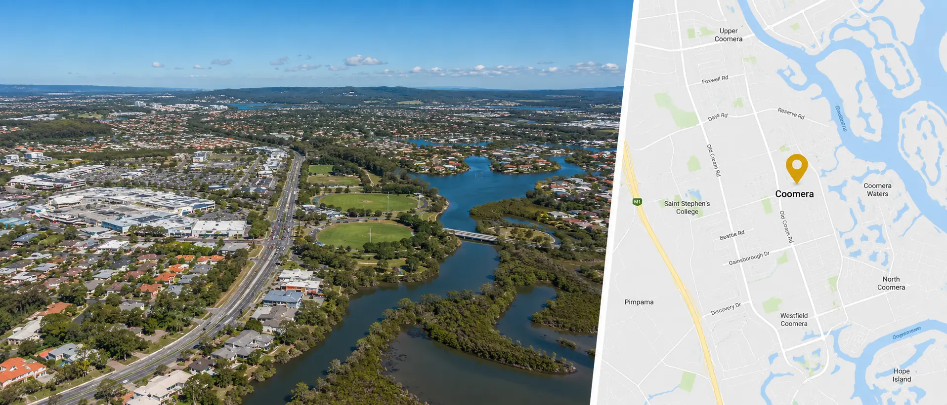 Locksmith Coomera service area map with Coomera waterways and nearby northern Gold Coast suburbs