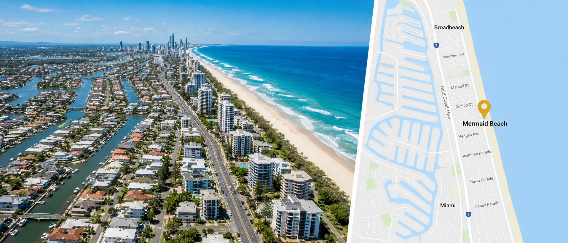 Locksmith Mermaid Beach service area map with Mermaid Beach coastline and nearby suburbs