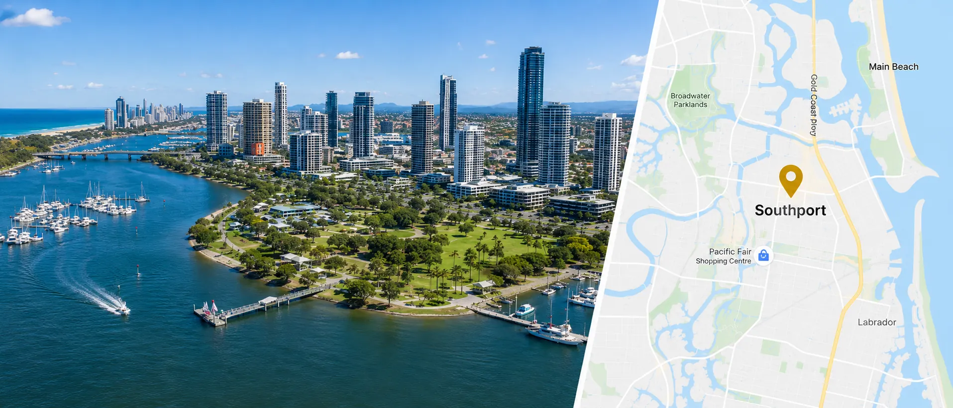 Locksmith Southport service area map with Southport coastline and nearby suburbs