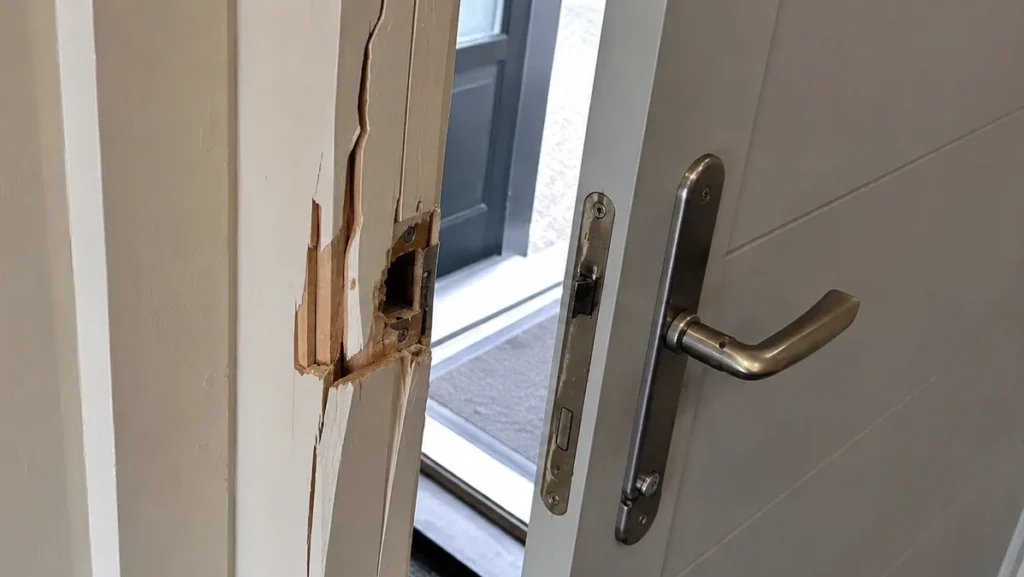 Damaged door frame and lock after a break-in