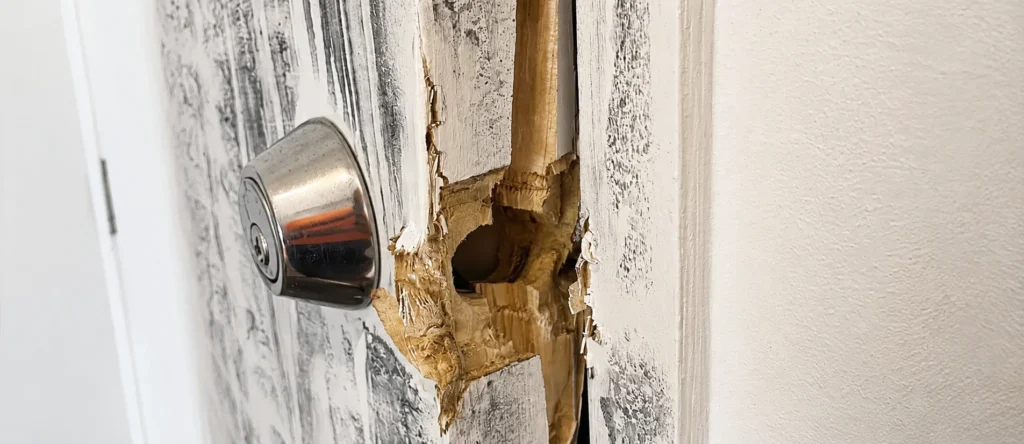 Door and lock damaged during a break-in at a Gold Coast property