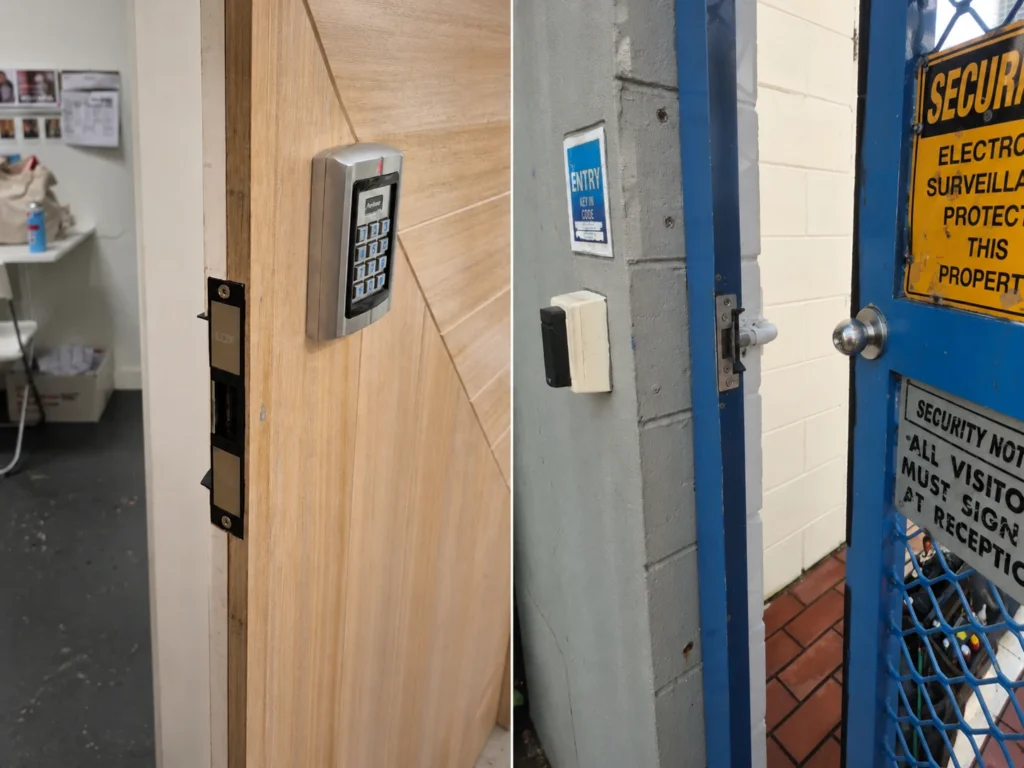 Commercial electric strike and keypad installations on indoor and exposed entry doors