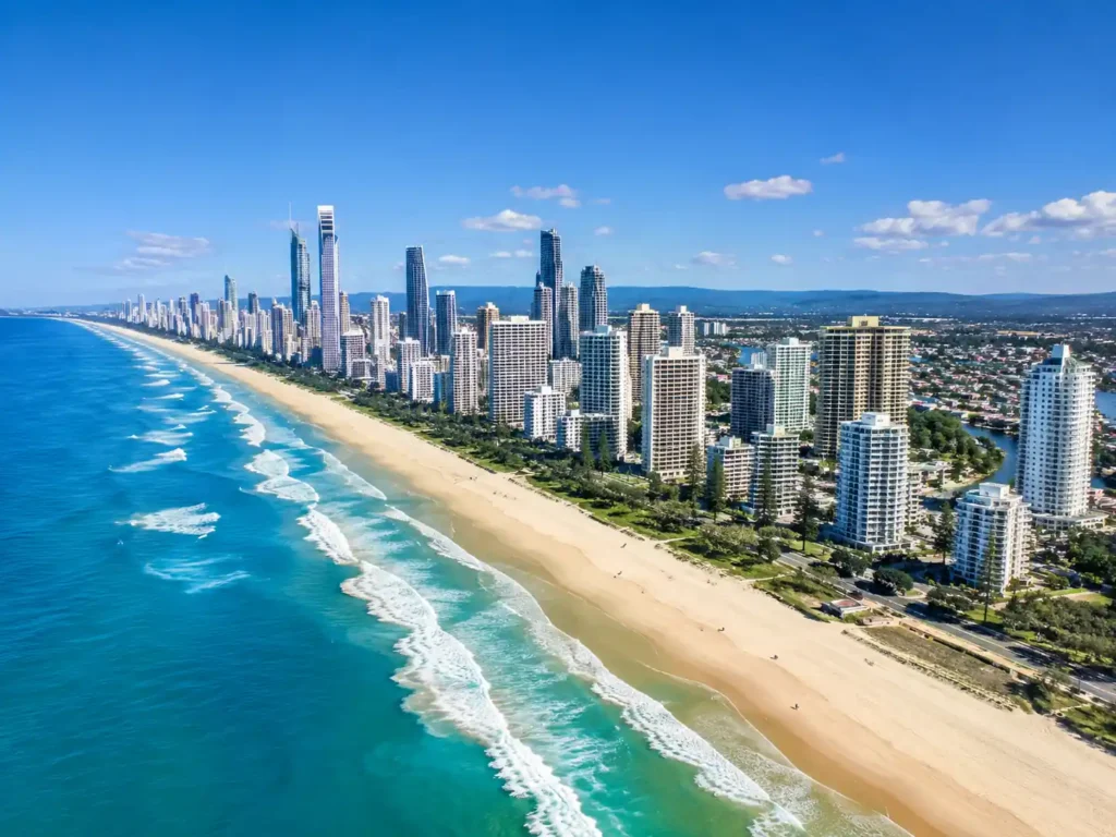 Aerial view of the Gold Coast coastline, beach and city skyline