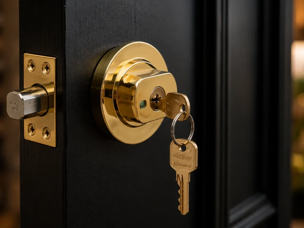 Gold Lockwood deadbolt with keys installed on a black entrance door