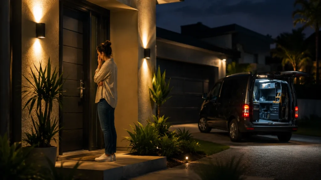 Woman locked out of her Gold Coast home at night while a mobile locksmith arrives