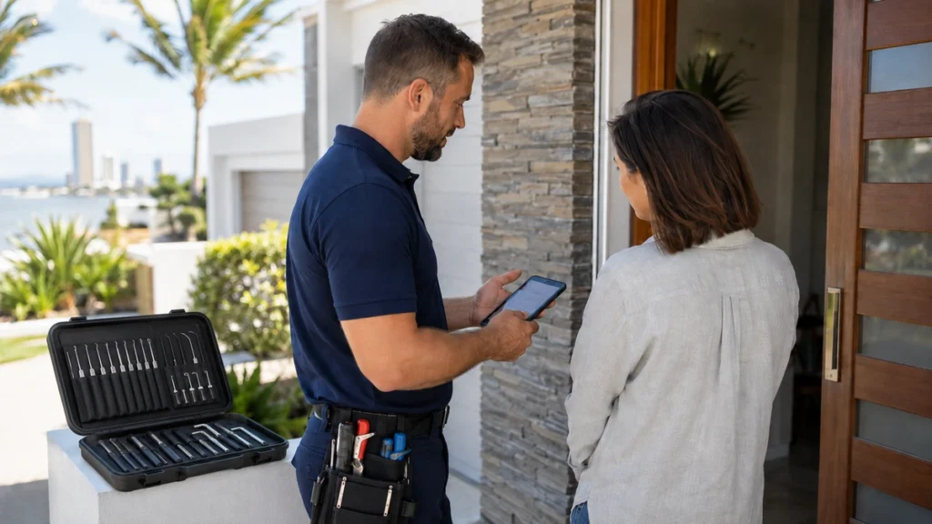 Gold Coast locksmith discussing service costs with a customer
