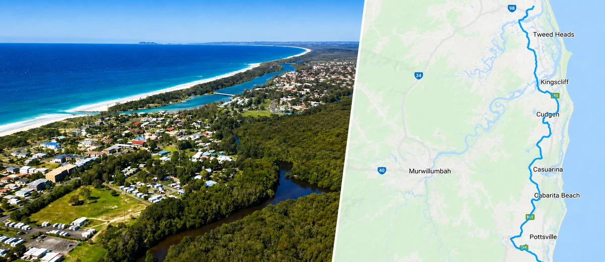 Tweed Coast aerial view and locksmith service area map