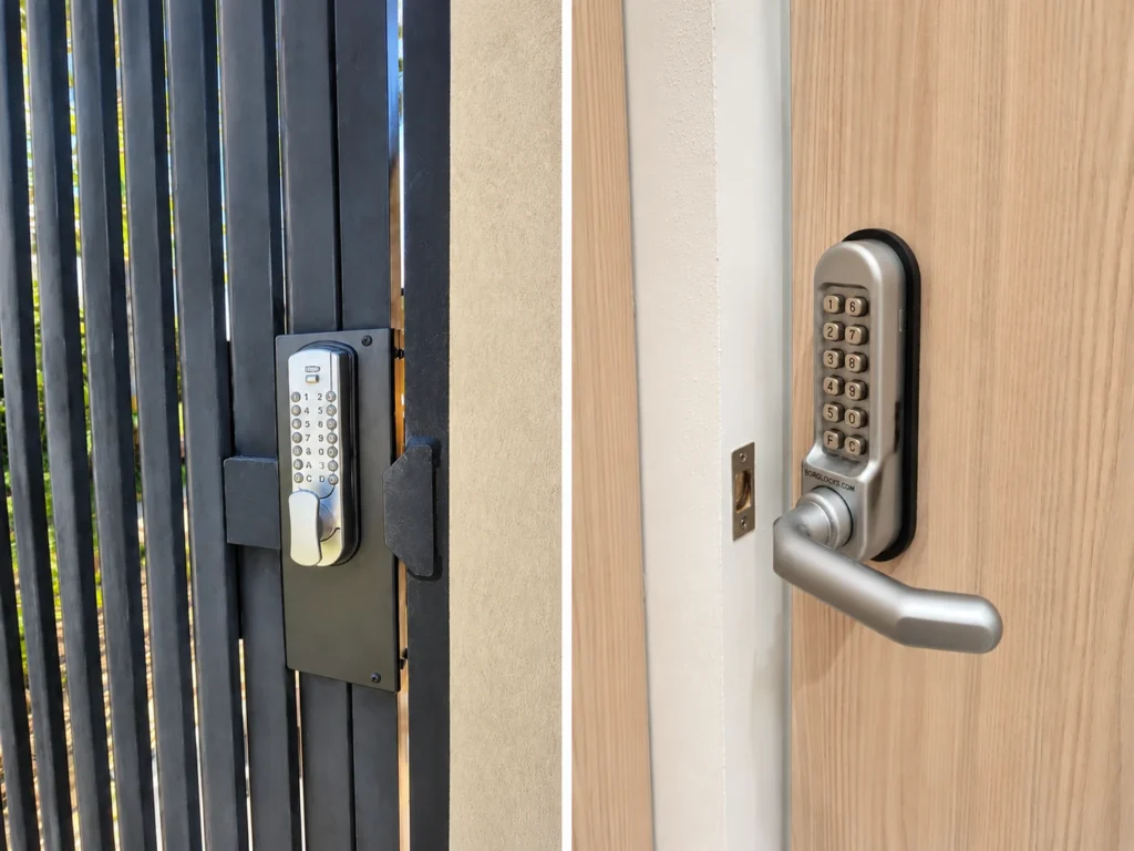 Mechanical keypad locks installed on an outdoor gate and an internal timber door