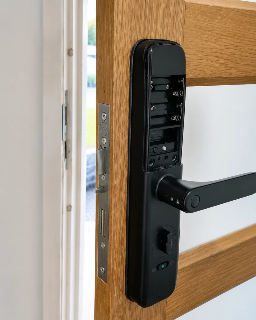 Interior smart lock and mortice lock installed on an existing timber door