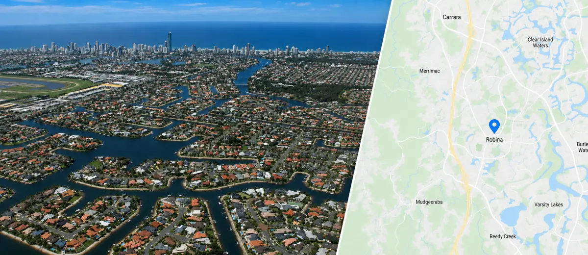 Map showing the Goldy Locksmiths service area around Robina