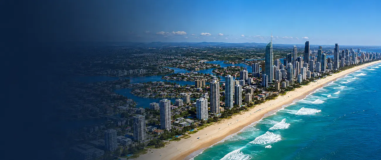 Aerial view of the Surfers Paradise skyline and beachfront on the Gold Coast