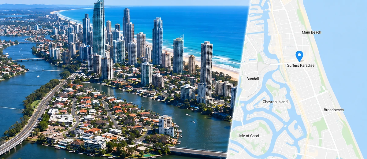 Map showing the Goldy Locksmiths service area around Surfers Paradise